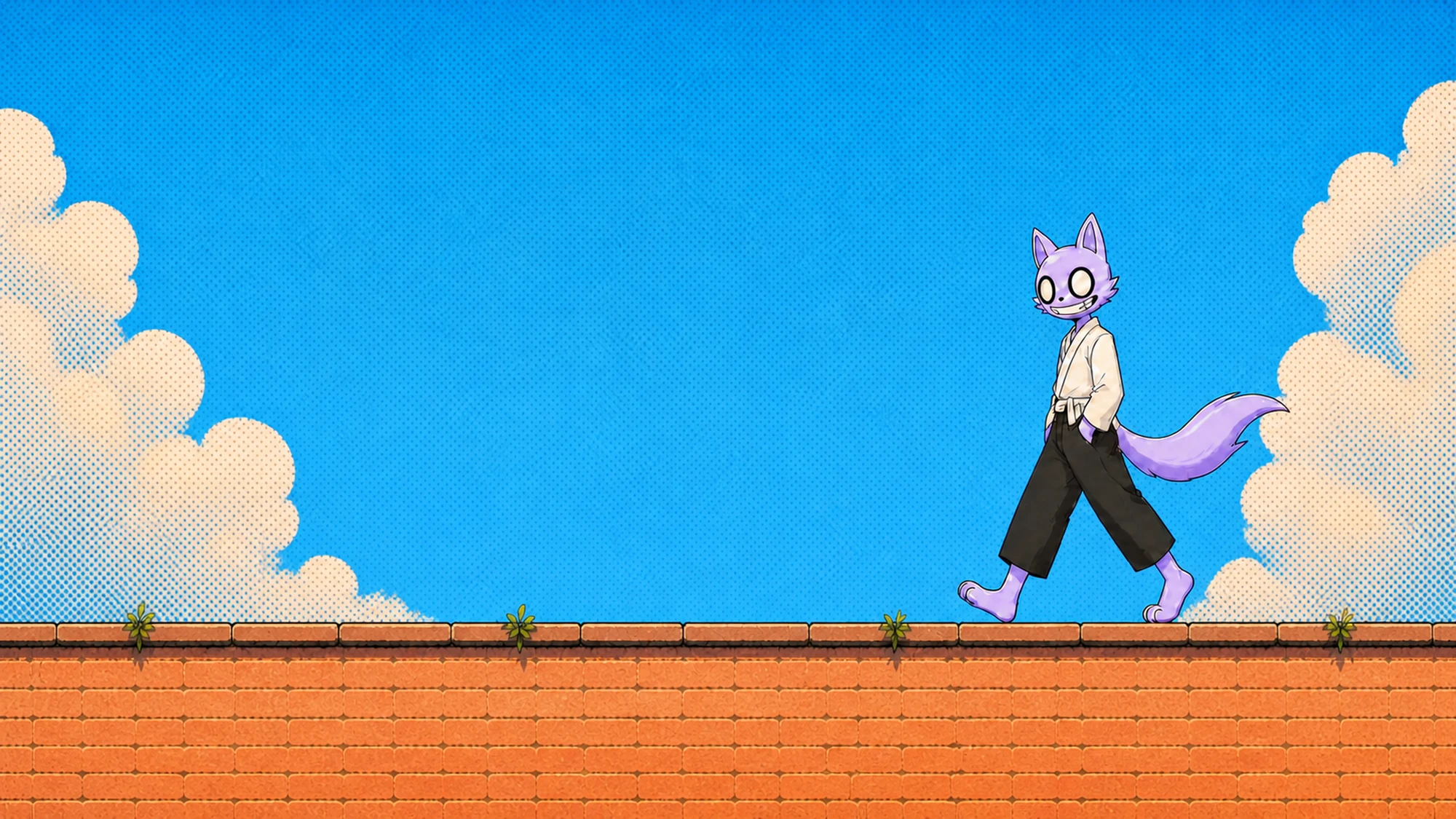 Humanlike MIKO walking along a brick wall beneath a clear blue sky